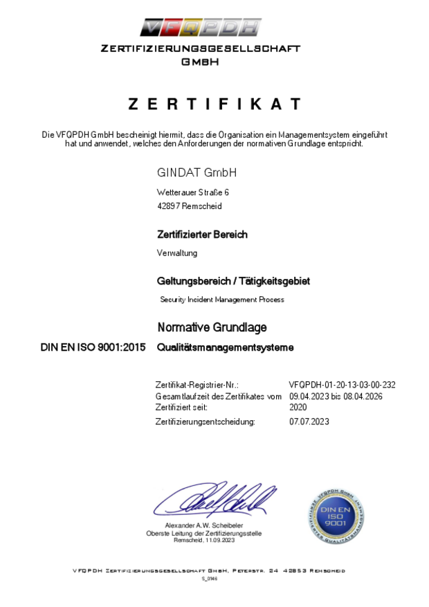 Zertifikat für die DIN EN ISO 9001