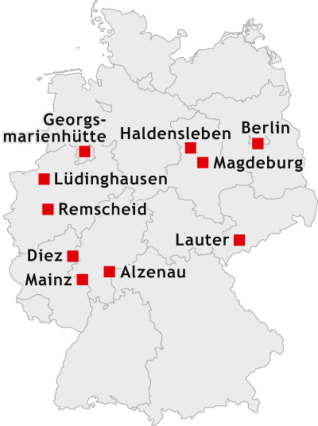 Deutschlandkarte mit den Stützpunkten der Gindat GmbH.